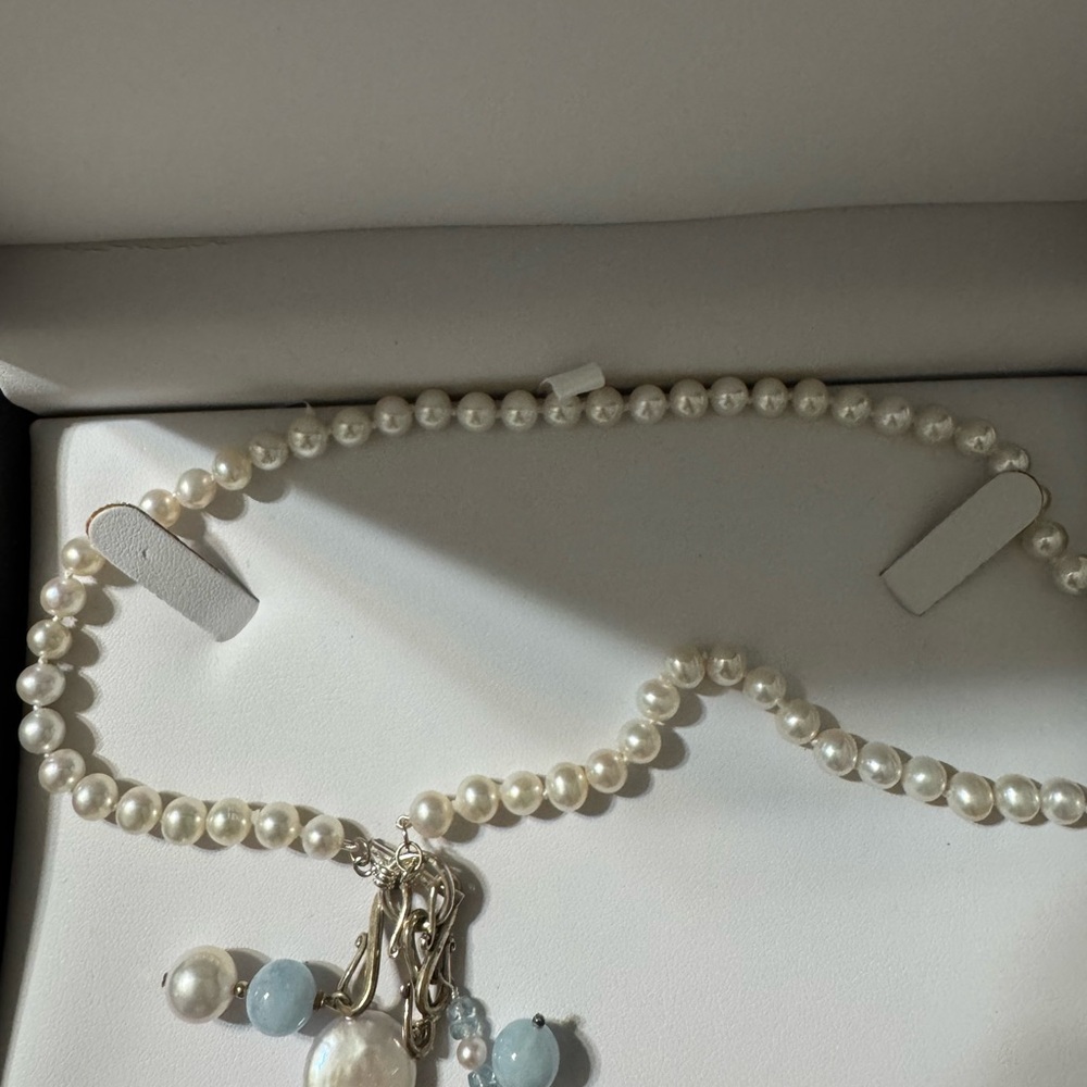 New Elegant Authentic Pearl Necklace with turquoise Silver bead clip on charm